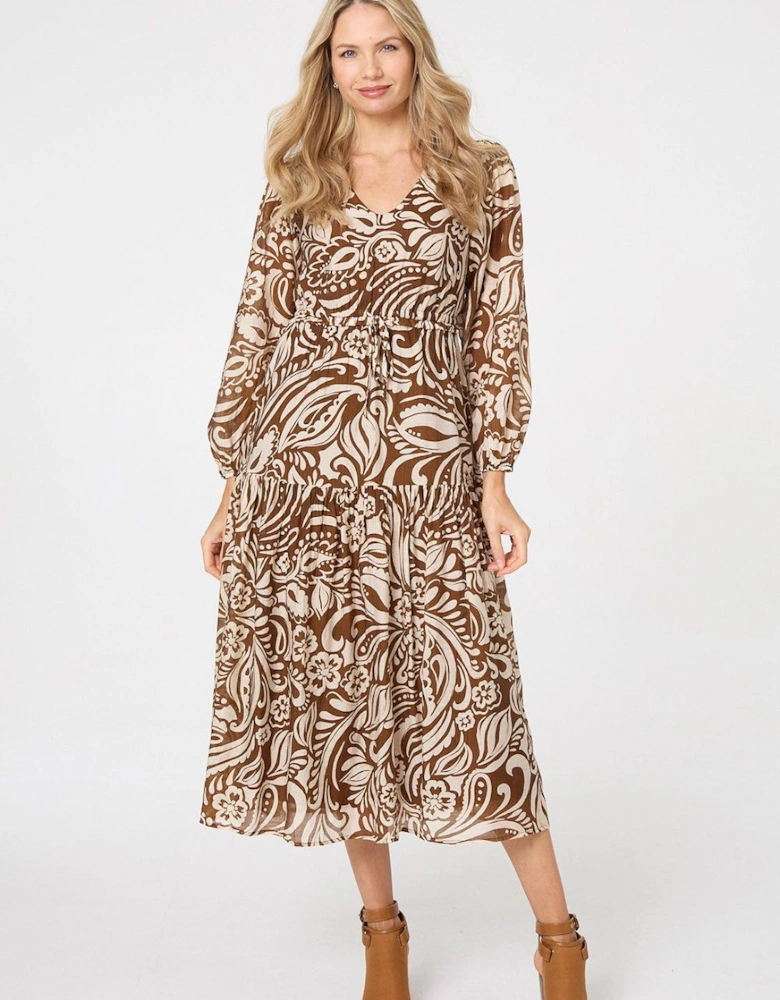 Printed Layered Long Sleeve Midi Dress