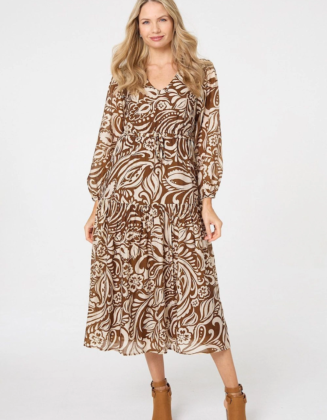 Printed Layered Long Sleeve Midi Dress, 2 of 1