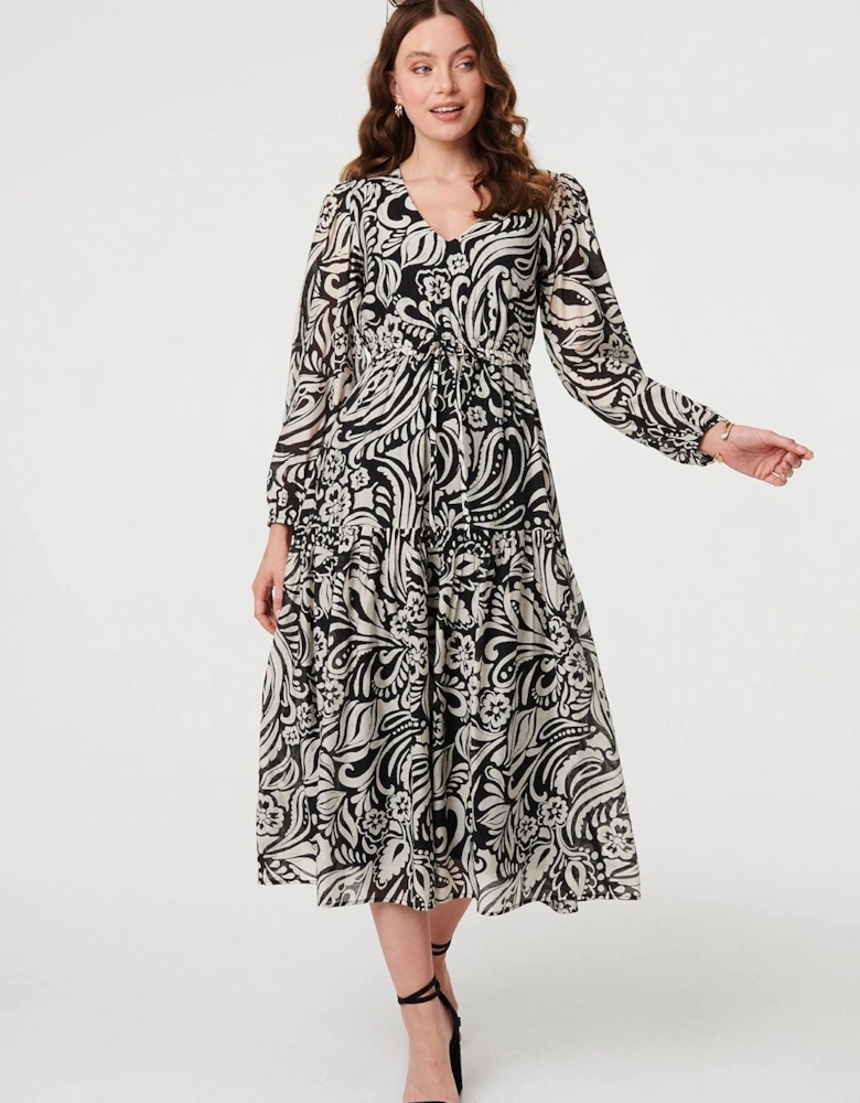 Printed Layered Long Sleeve Midi Dress
