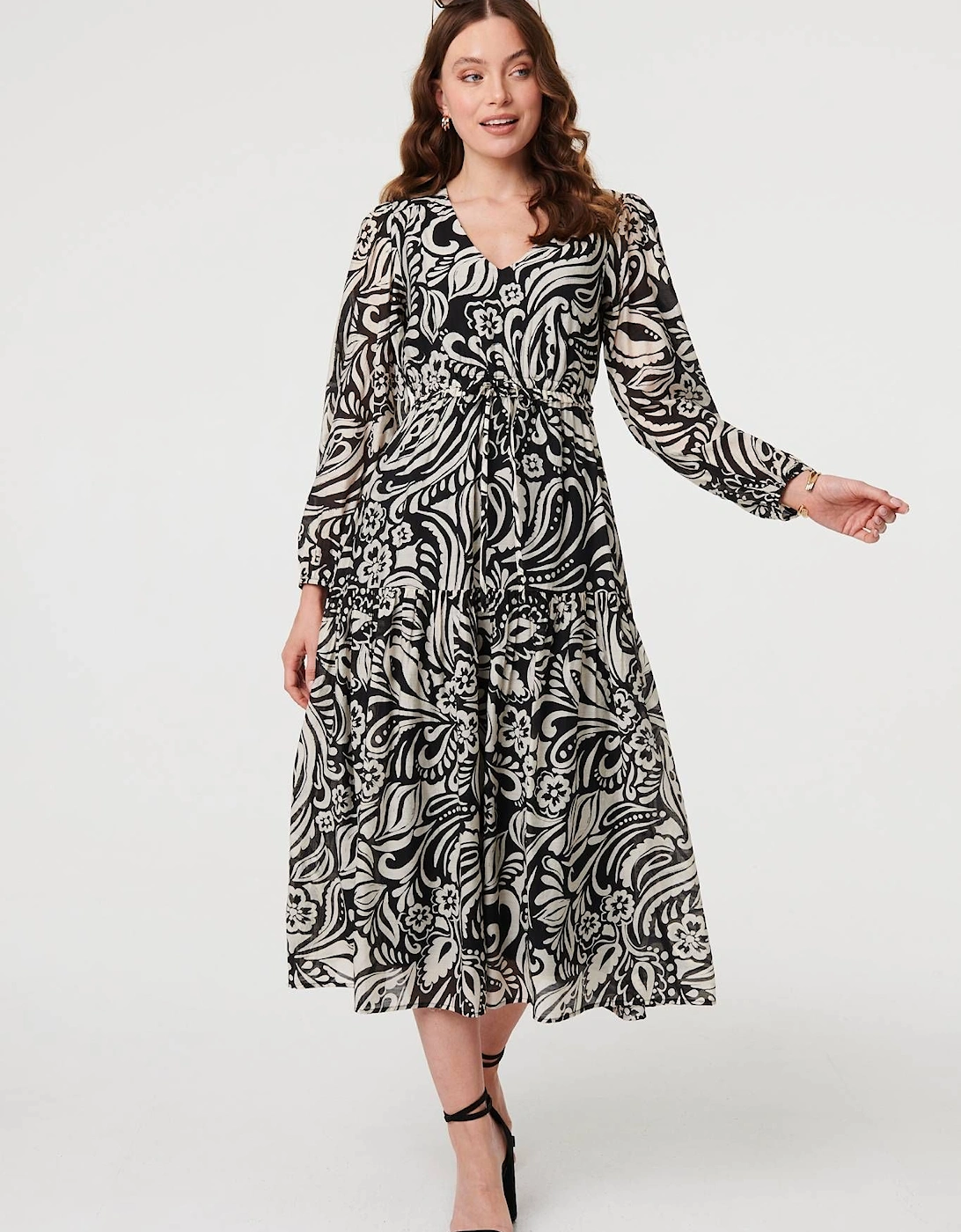 Printed Layered Long Sleeve Midi Dress, 2 of 1