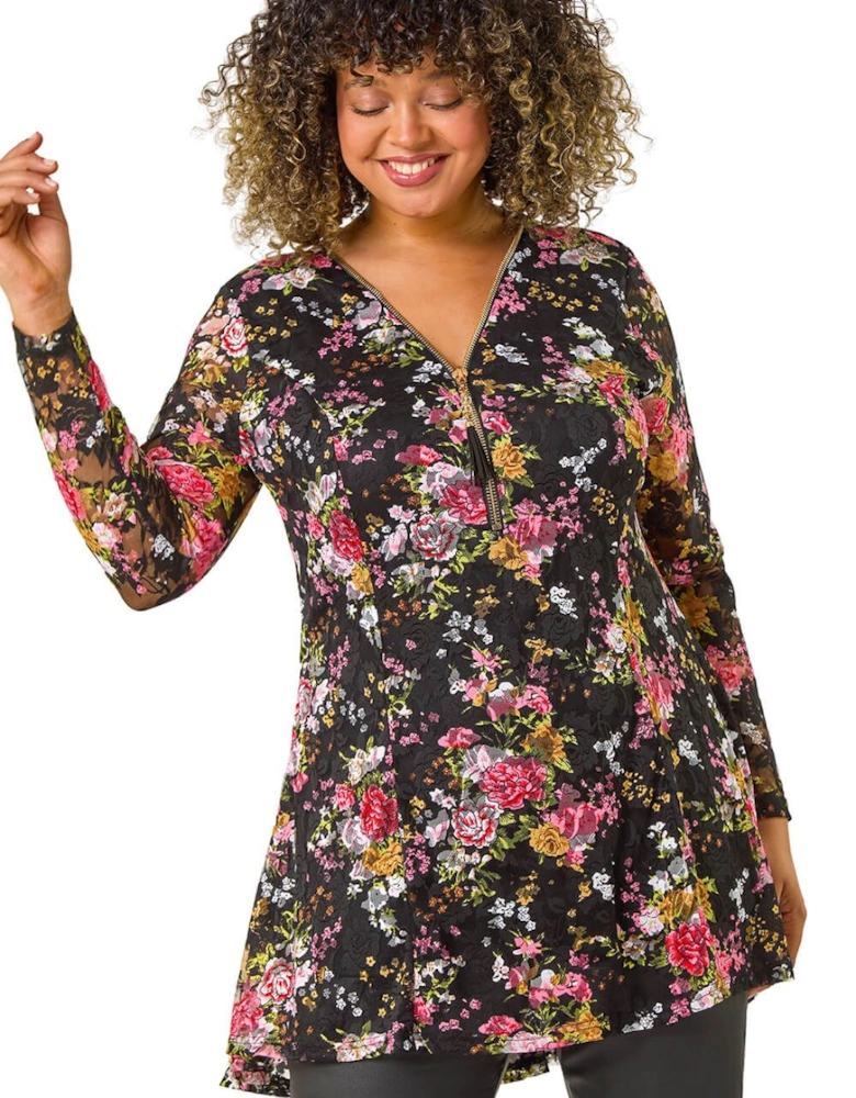 Curve Floral Print V-Neck Zip Front Top