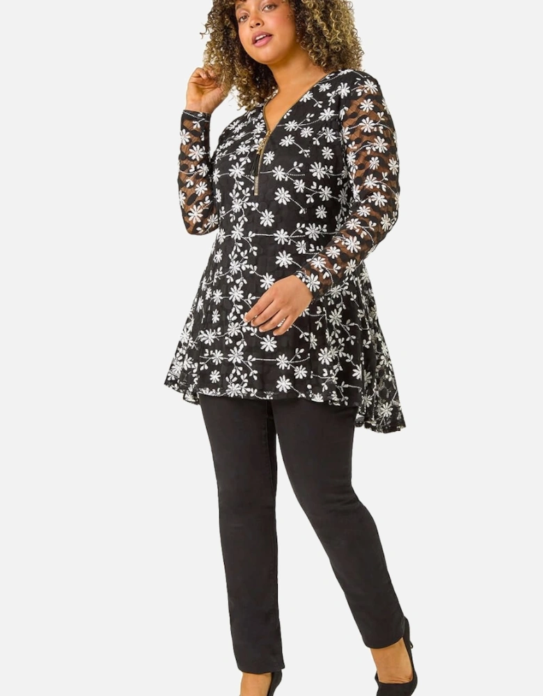 Curve Floral Print V-Neck Zip Front Top