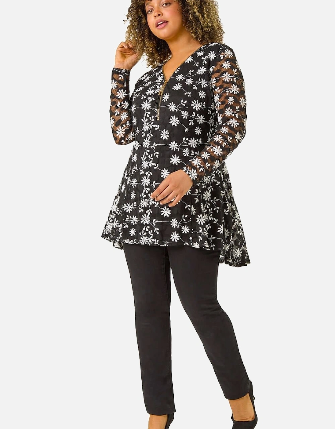 Curve Floral Print V-Neck Zip Front Top, 2 of 1