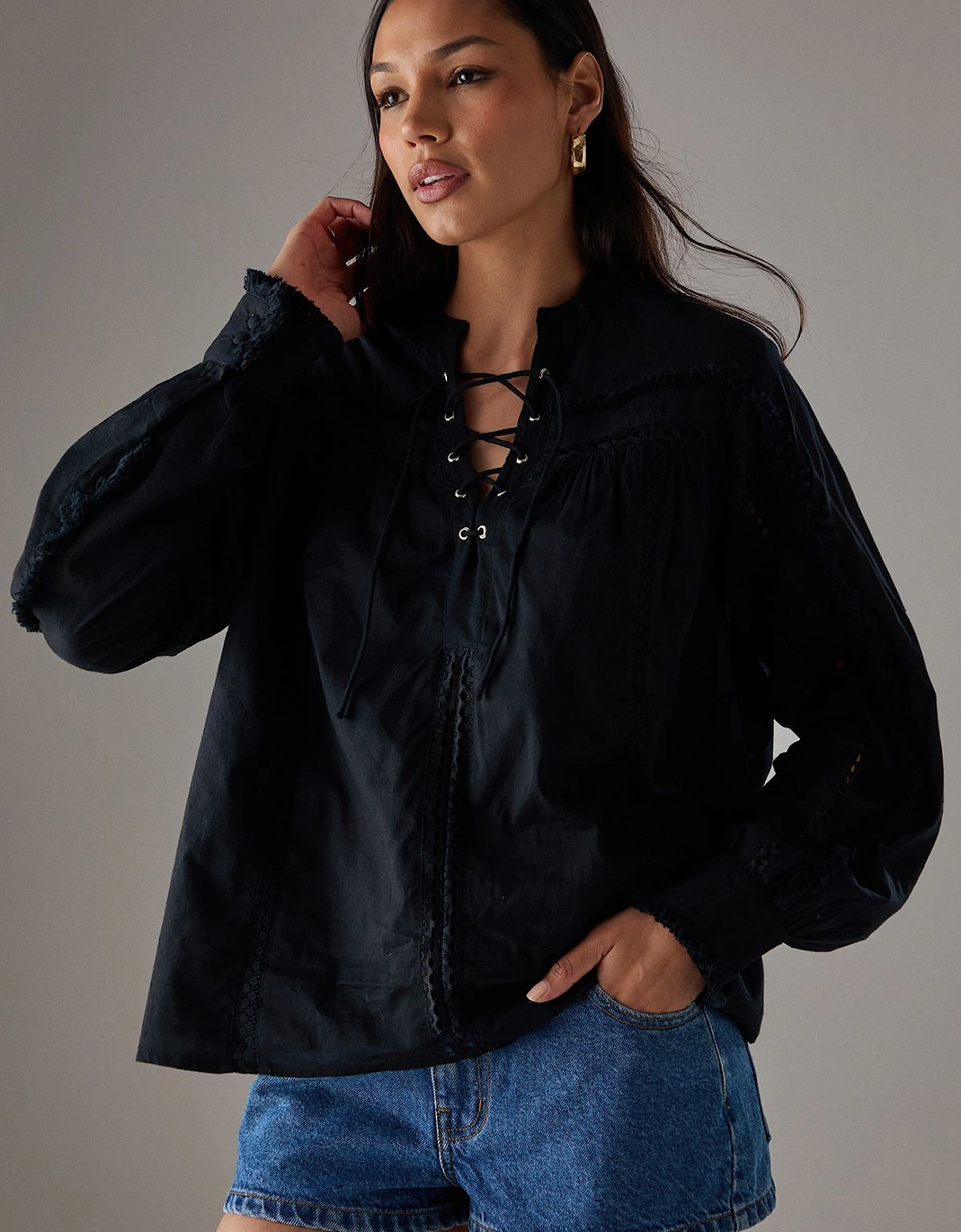 HCD Cotton Lace Trim Insert Boho Blouse, 2 of 1