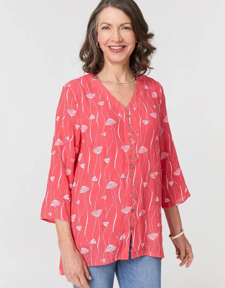 Printed Curve Hem V-Neck Tunic Blouse
