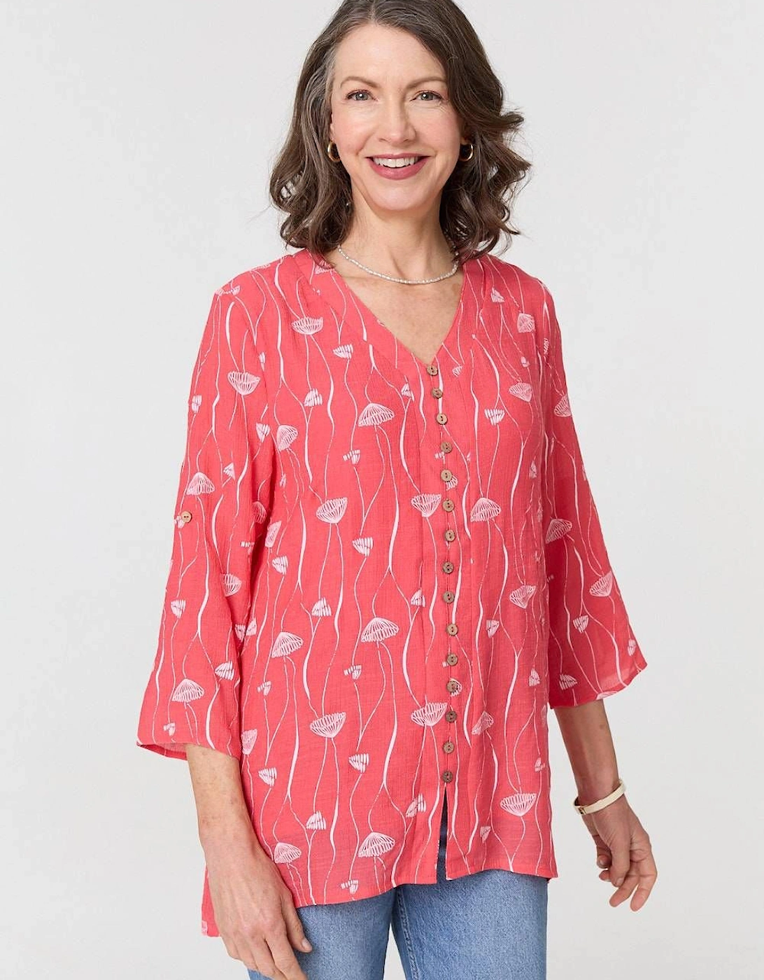 Printed Curve Hem V-Neck Tunic Blouse, 2 of 1