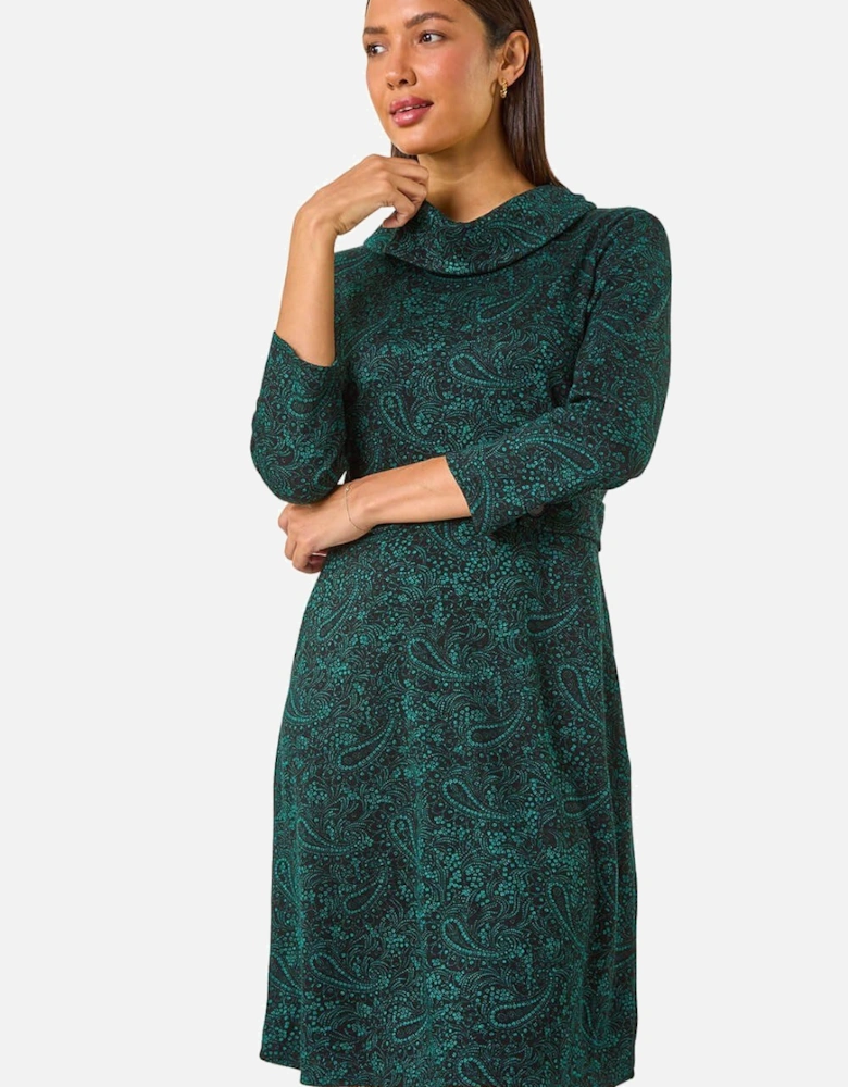 Abstract Print Cowl Neck Tab Detail Dress