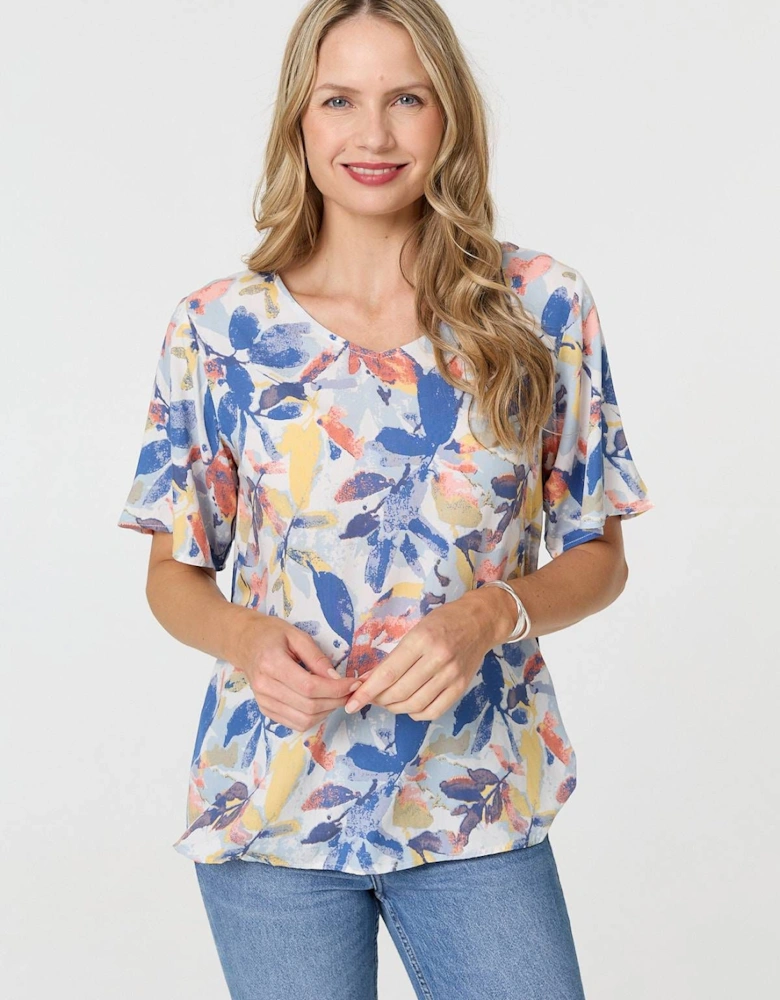Leaf Print Relaxed Short Sleeve Blouse