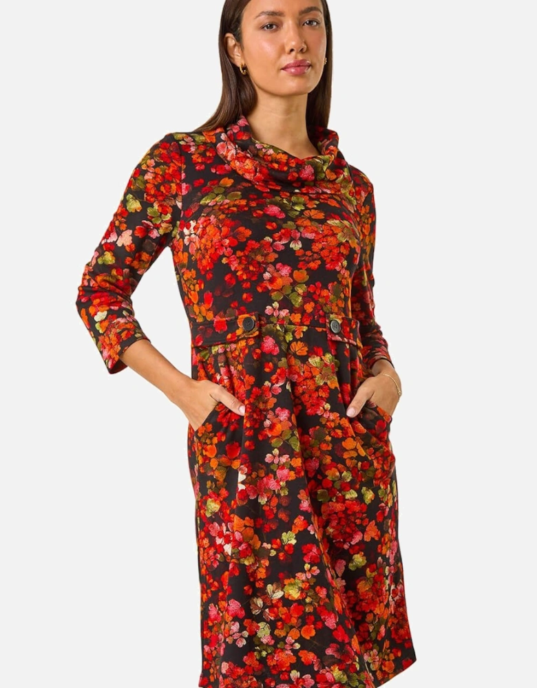 Leaf Print Cowl Neck Tab Detail Dress
