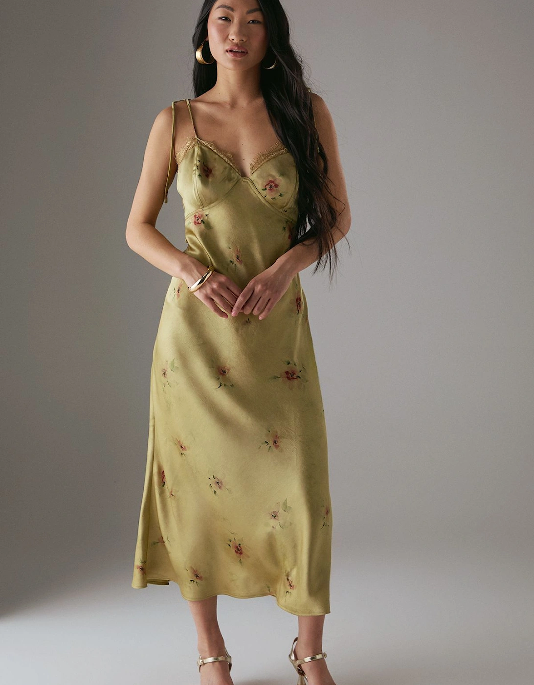 Petite Rose Satin Tie Strap Lace Detail Midi Slip Dress, 2 of 1