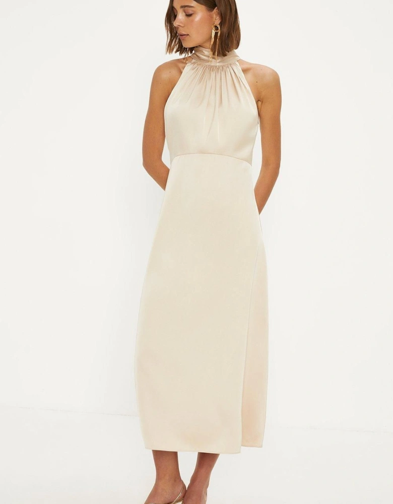 Satin Halter Neck Midi Bridesmaid Dress