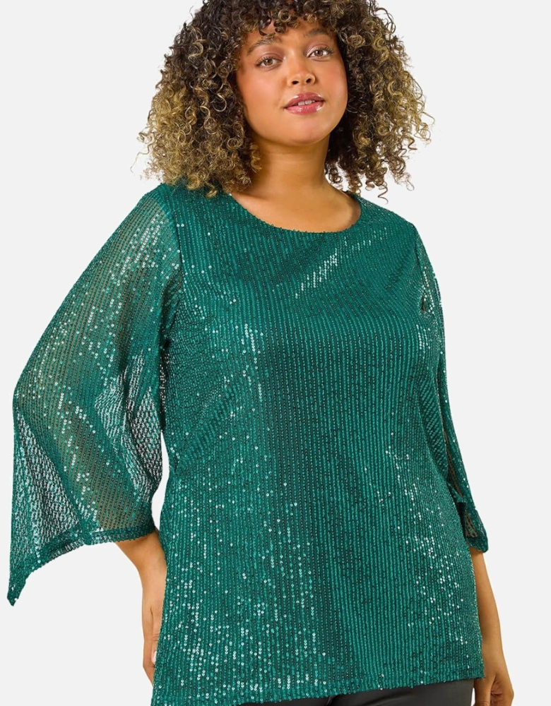 Curve Sequin Flared Sleeve Top