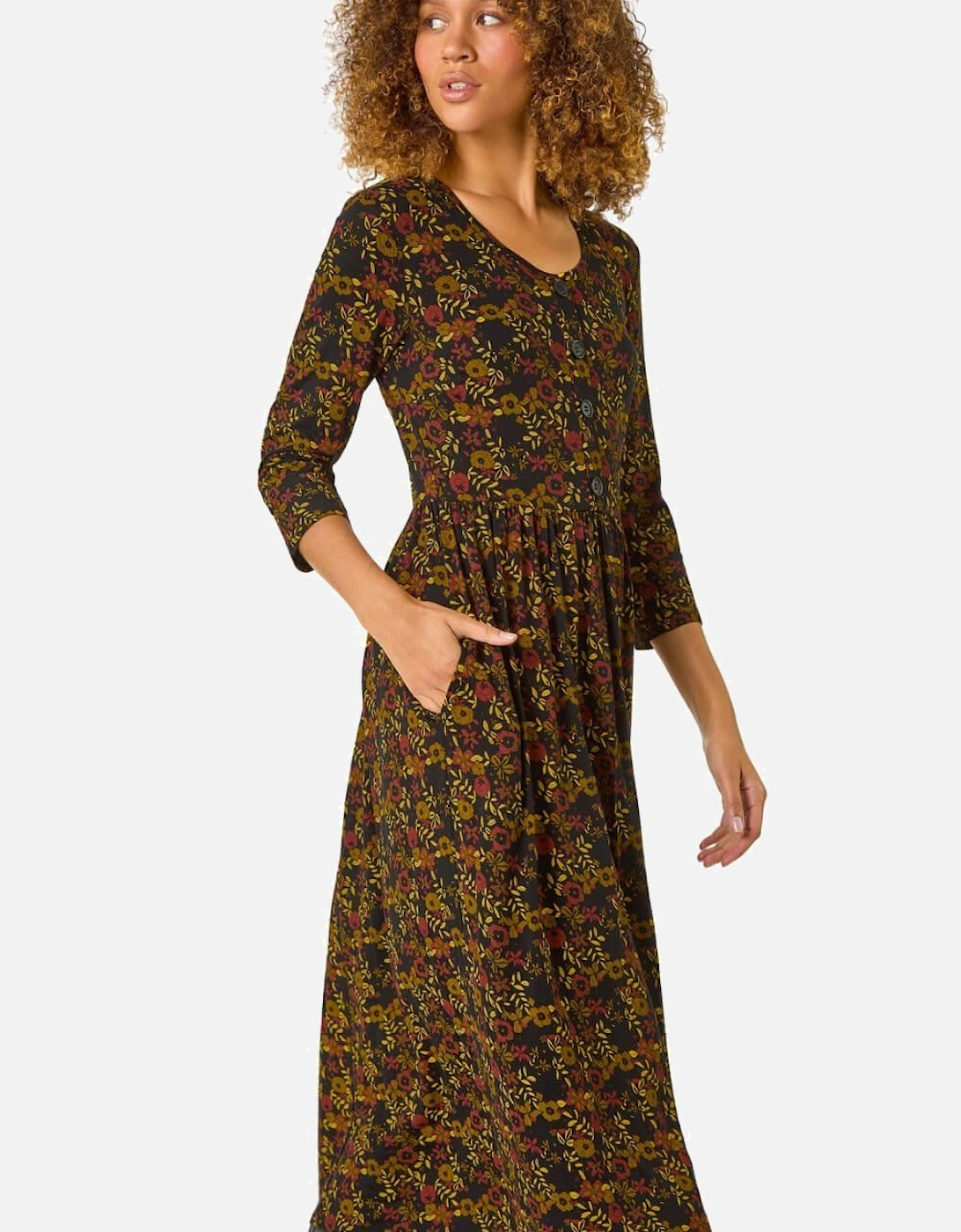 Floral Print Button Detail Midi Dress, 2 of 1