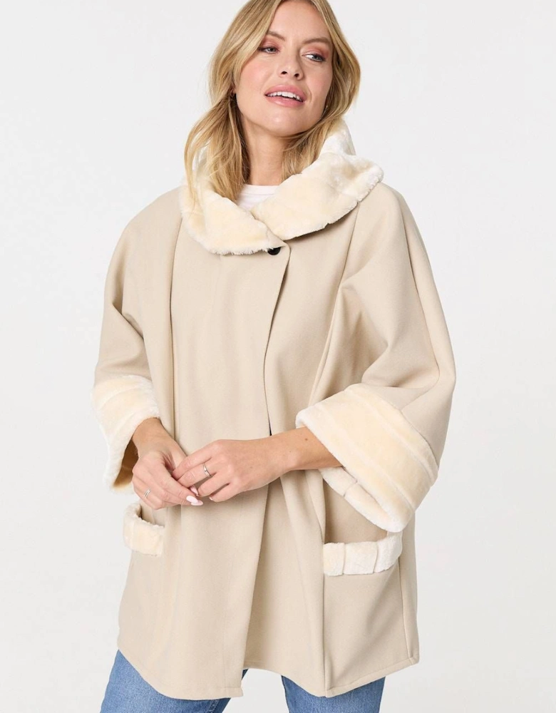 Faux Fur Trim 3/4 Sleeve Cape Coat