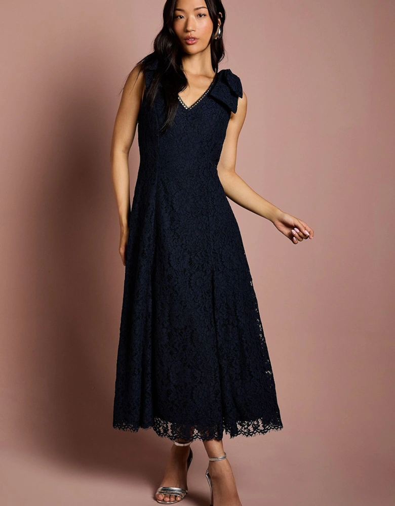Bow Shoulder V Neck Lace Midi Dress
