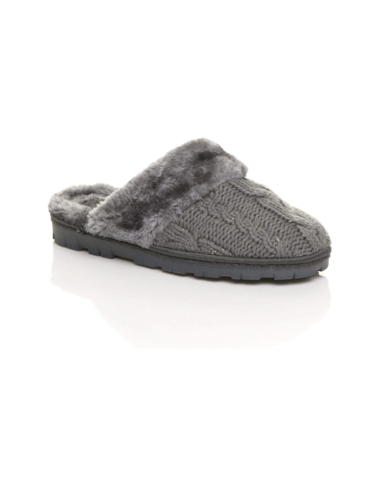 Flat  Heel Mule Glitter Cable Knit Slippers