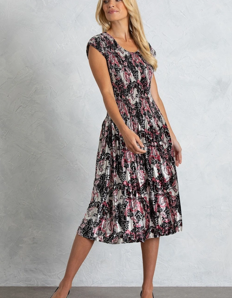 Velour Floral Print Pleated Dress