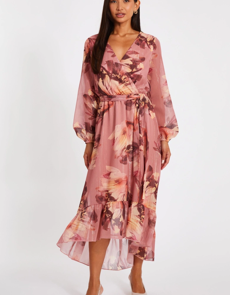 Mauve Floral Dip Hem Midaxi Dress