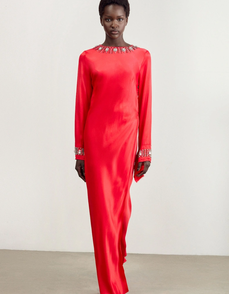 Crystal Embellished Raw Edge Satin Wrap Maxi Dress