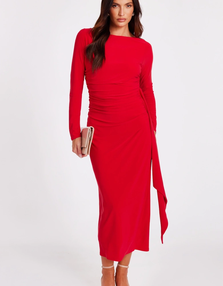 Red Ruffle Side Midi Dress