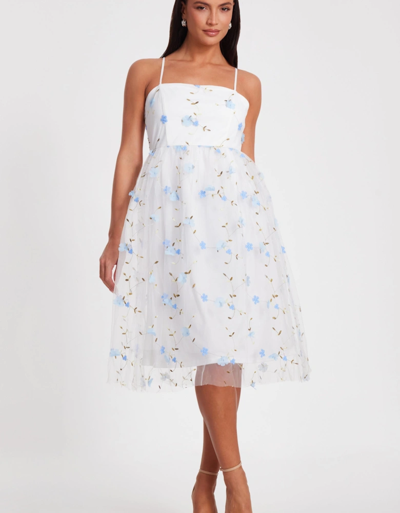 White Embroidered Floral Midi Dress