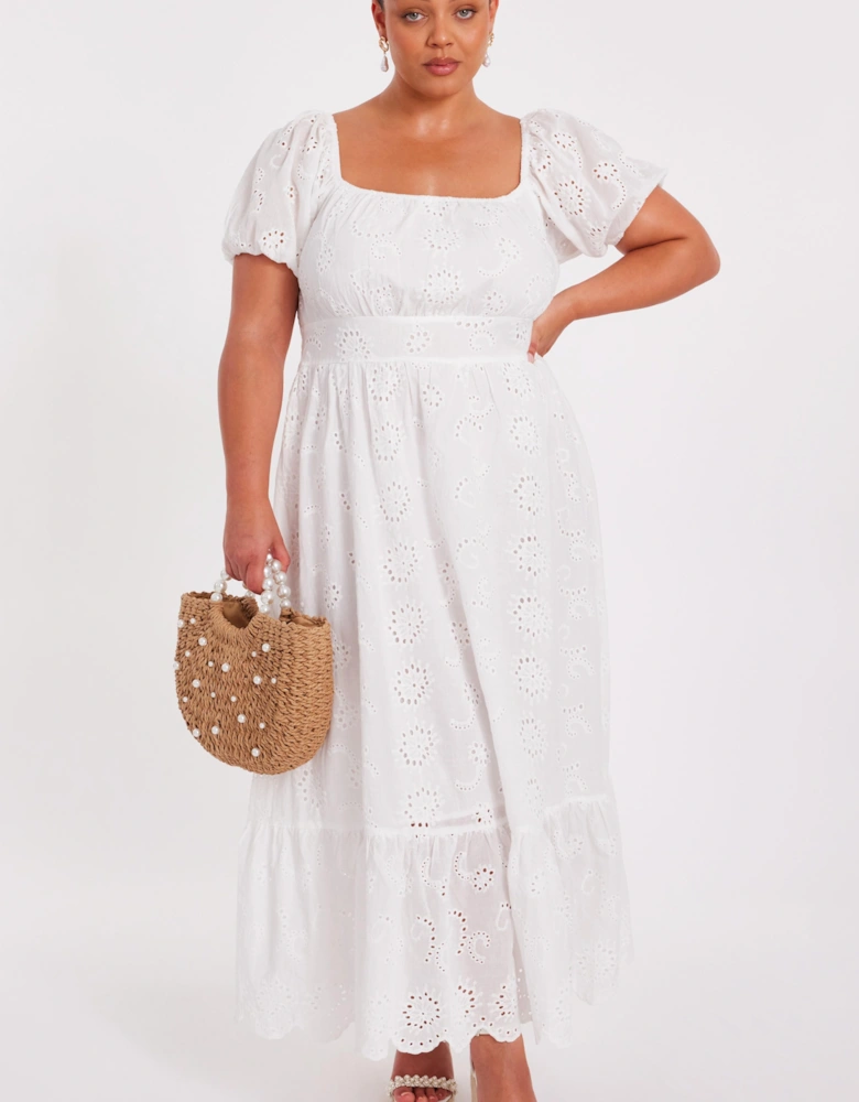 White Curve Embroidered Midi Dress