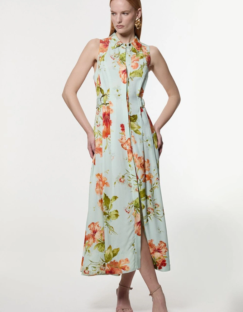 Premium Viscose Linen Floral Topstitch Halter Neck Woven Midi Dress With D Ring Detail