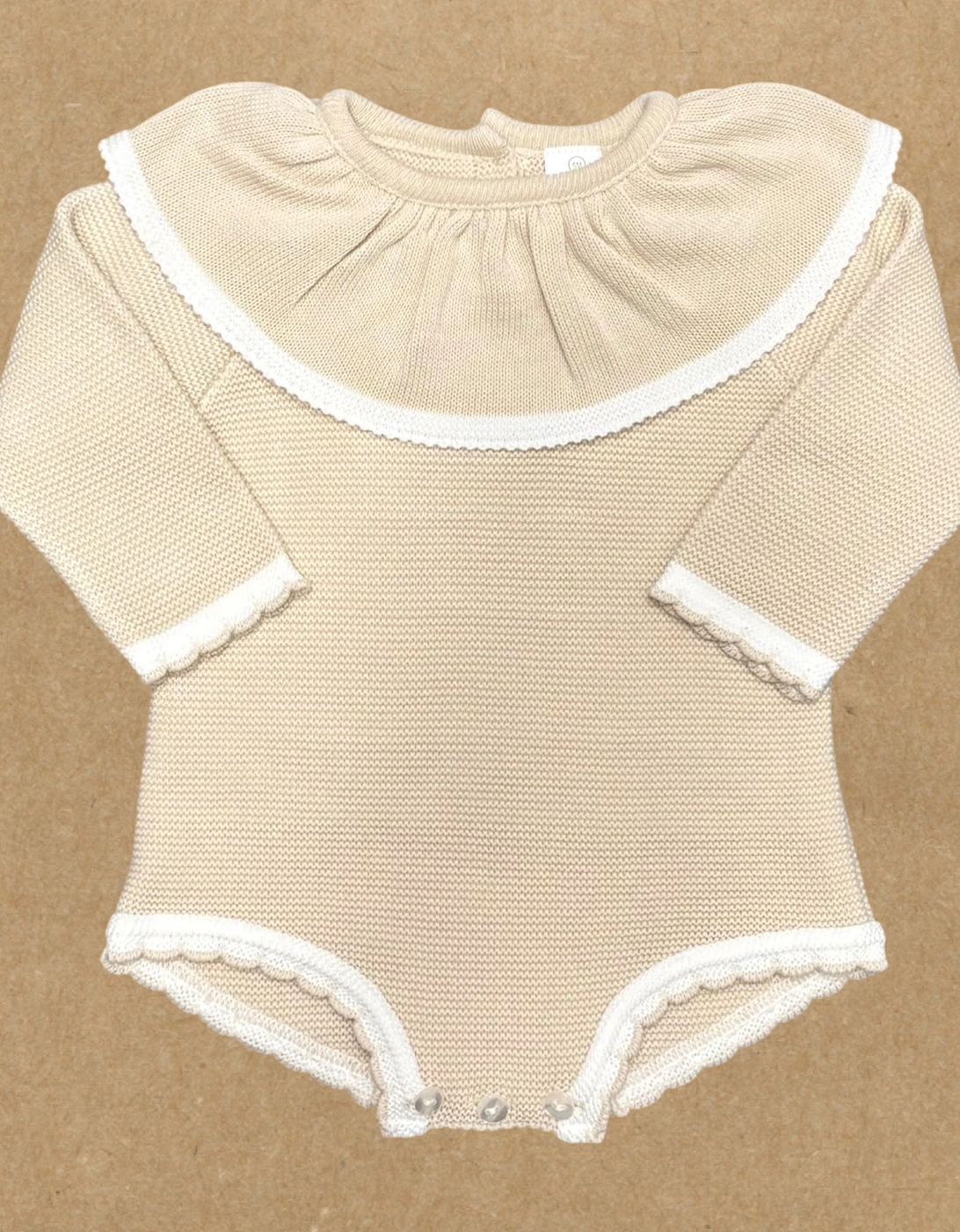 Girls Beige Knit Frill Collar Romper, 2 of 1