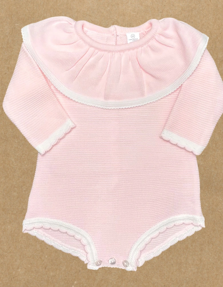 Girls Pale Pink Knit Frill Collar Romper