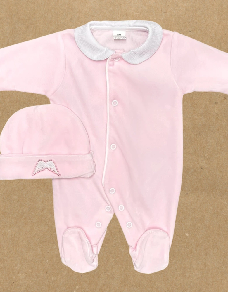 Girls Pink Velour Wing Babygrow and Hat