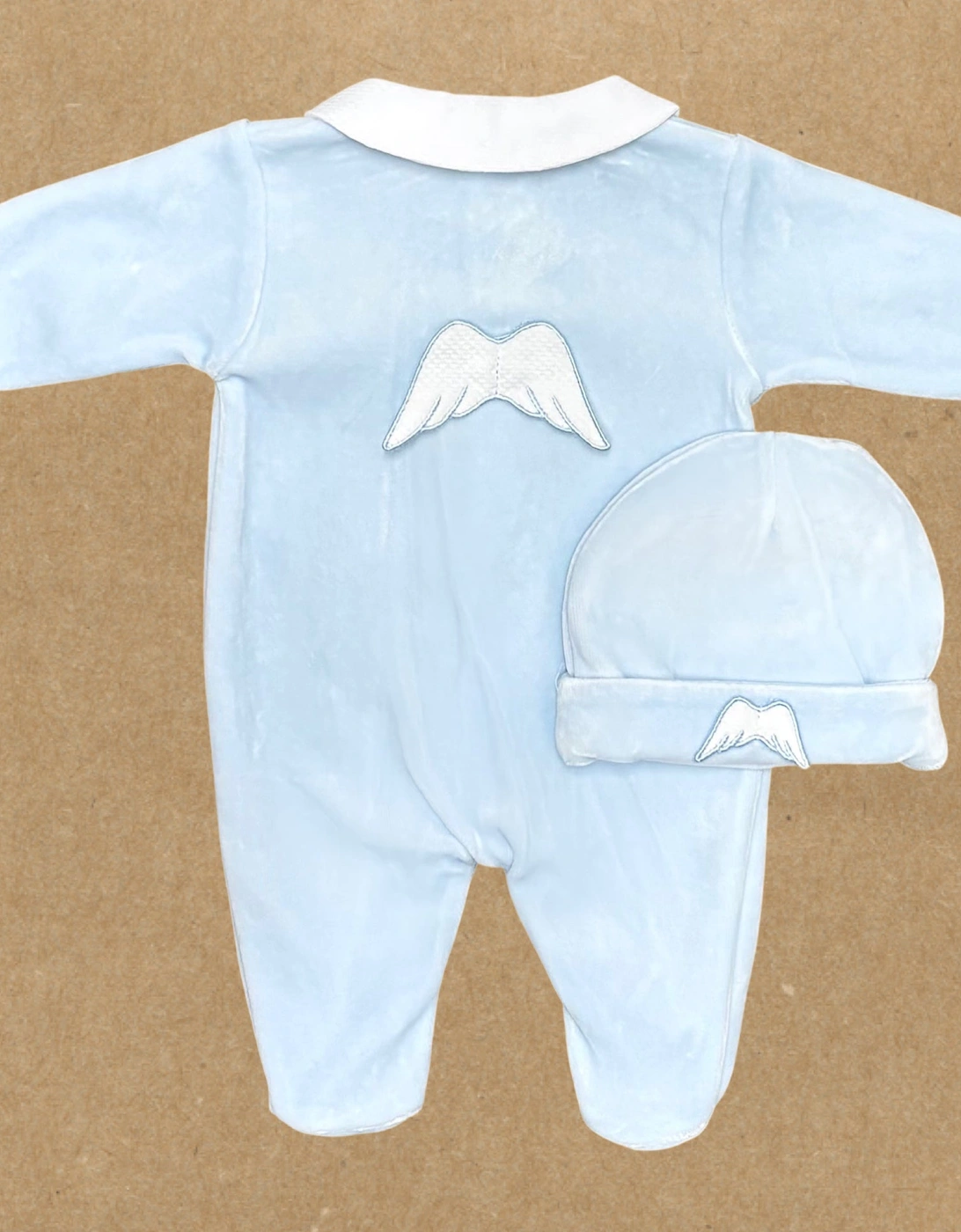 Boys Blue Velour Wing Babygrow and Hat, 3 of 2
