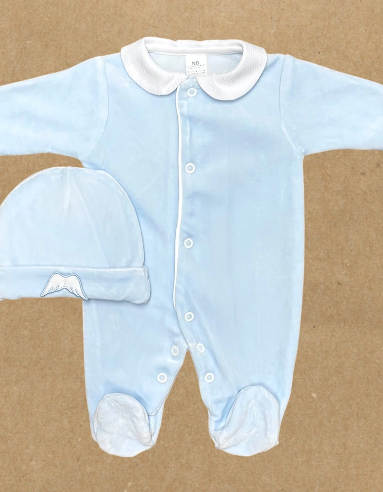 Boys Blue Velour Wing Babygrow and Hat