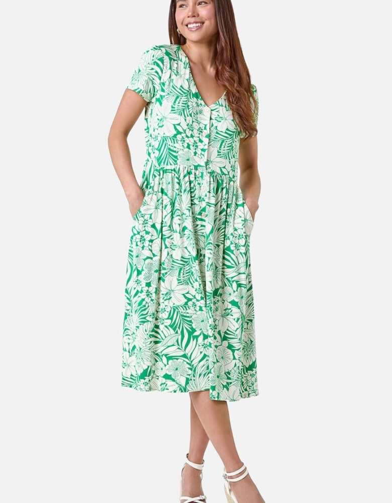 Petite Tropical Pocket Stretch Midi Dress
