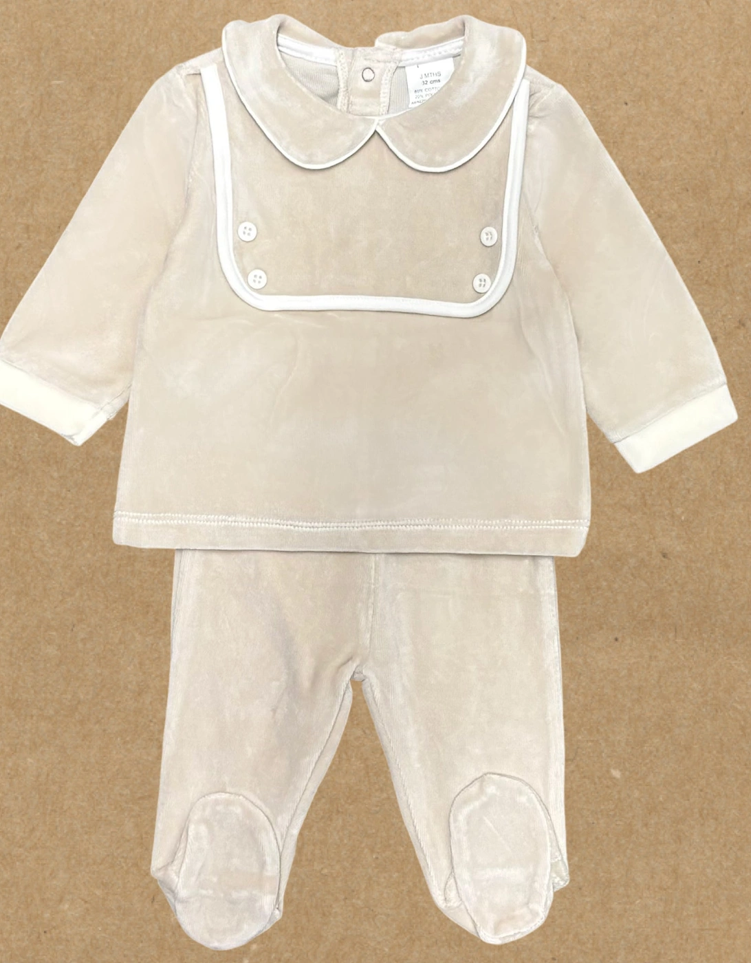 Boys Beige Velour Bib Pant Set, 2 of 1