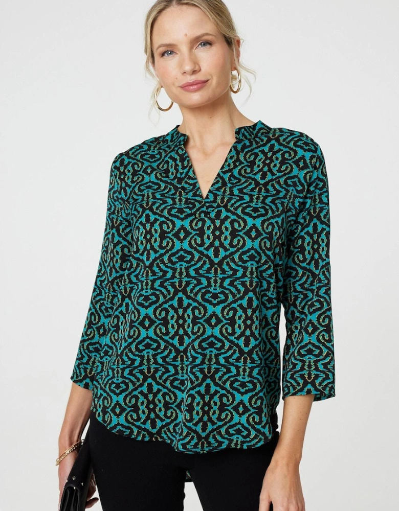 Aztec Print 3/4 Sleeve Curve Hem Blouse