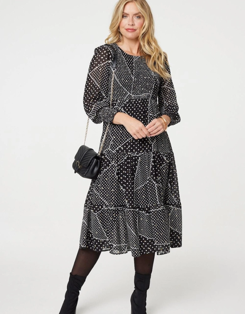 Polka Dot Print Puff Sleeve Midi Dress
