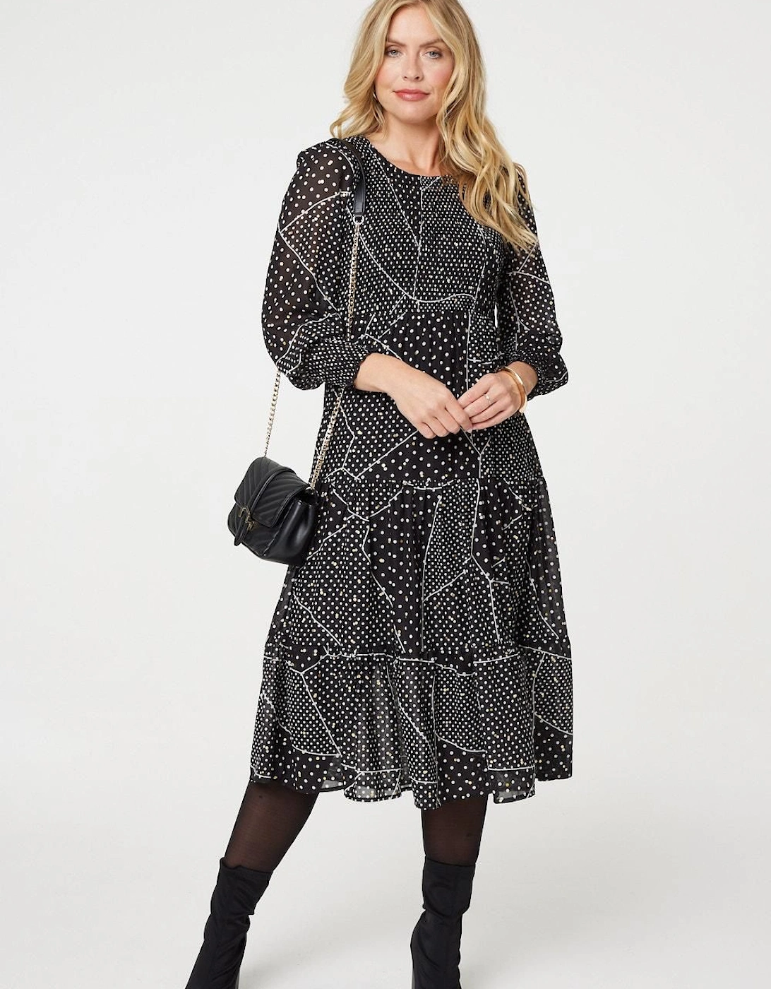 Polka Dot Print Puff Sleeve Midi Dress, 2 of 1