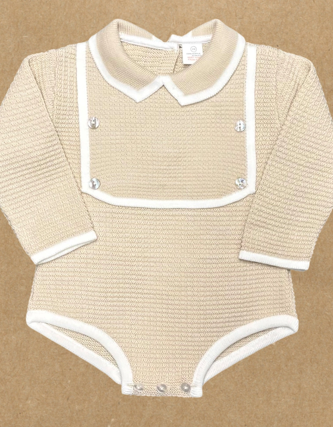 Boys Beige Knit Bib Romper, 2 of 1