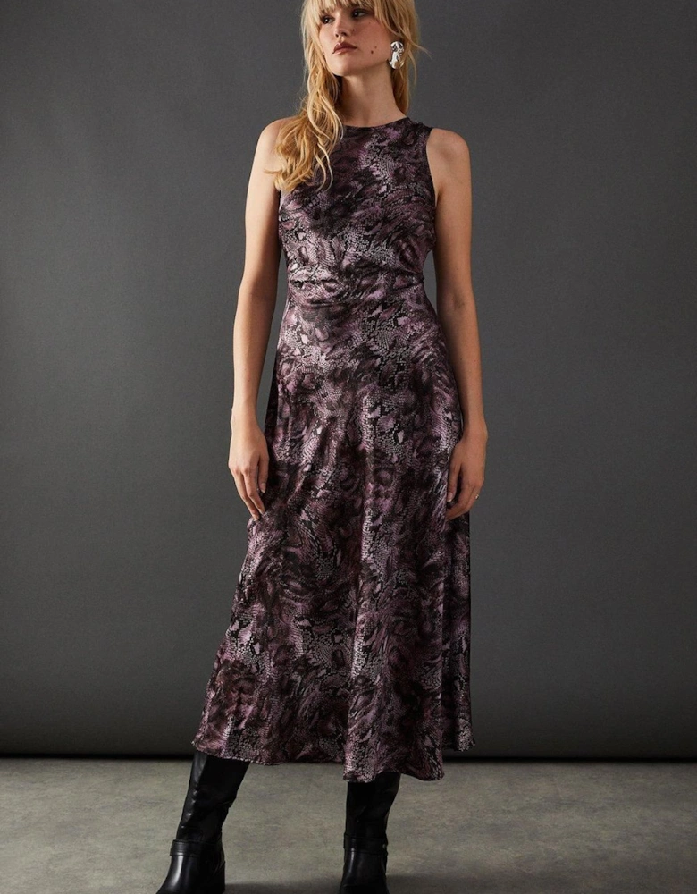 Print Satin Racer Neck Bias Midi Slip Dress