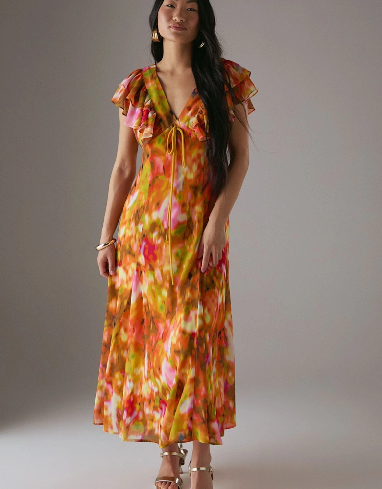 Petite Floral Frill Tie Front Midi Tea Dress