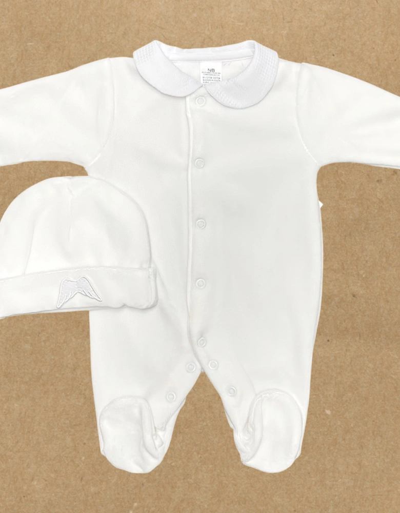 White Velour Wing Babygrow and Hat
