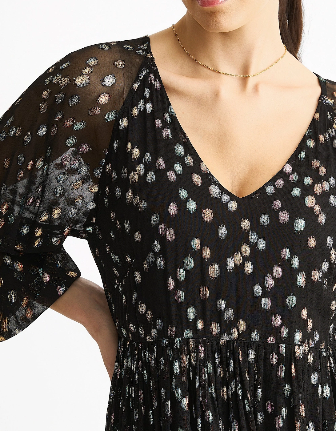 Black Multicolored Polka Dot Tiered Dress