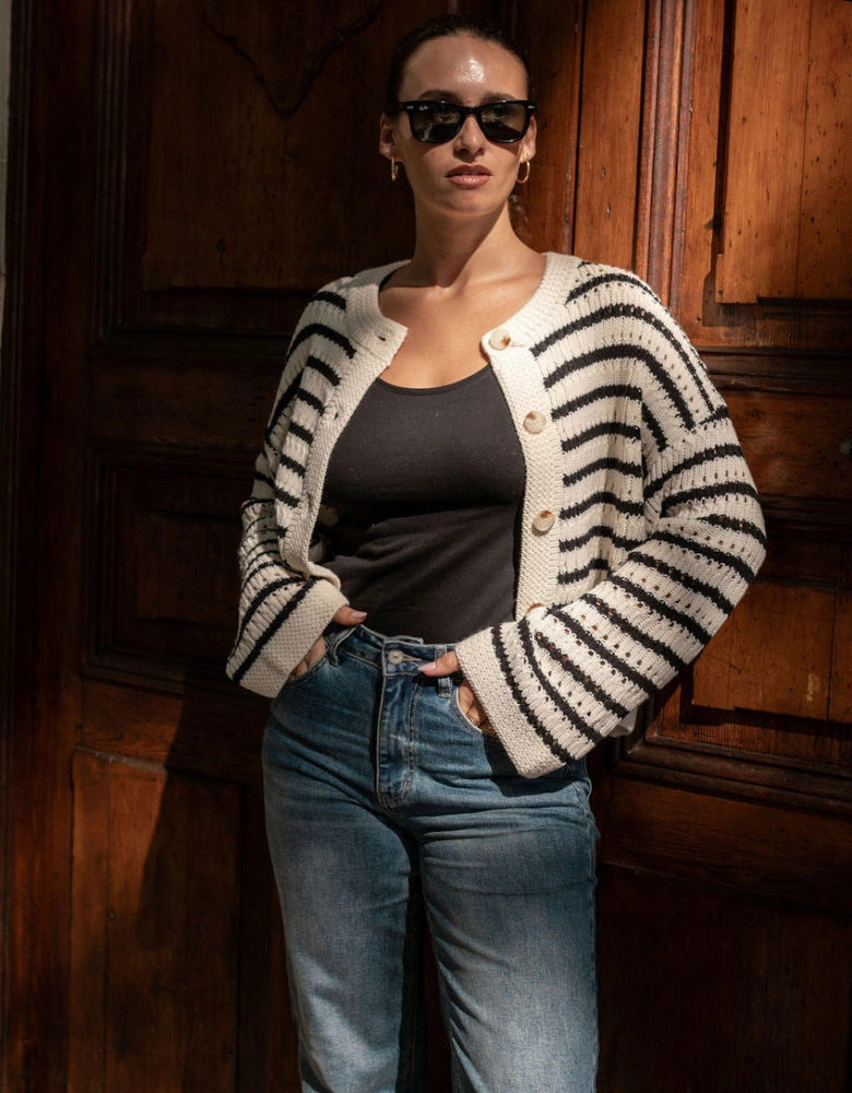 Cream Stripe Cable Knit Crop Cardigan