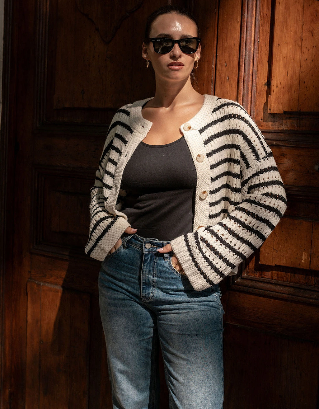 Cream Stripe Cable Knit Crop Cardigan