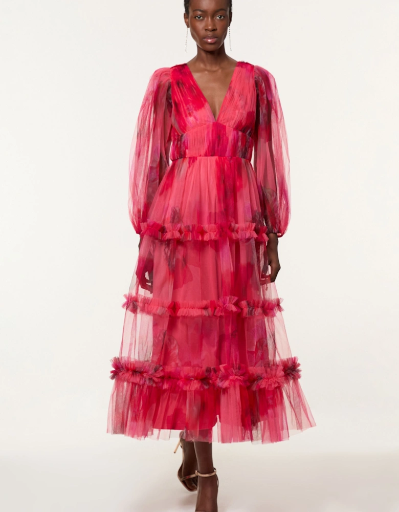 Spring Floral Tulle Plunge Maxi Dress
