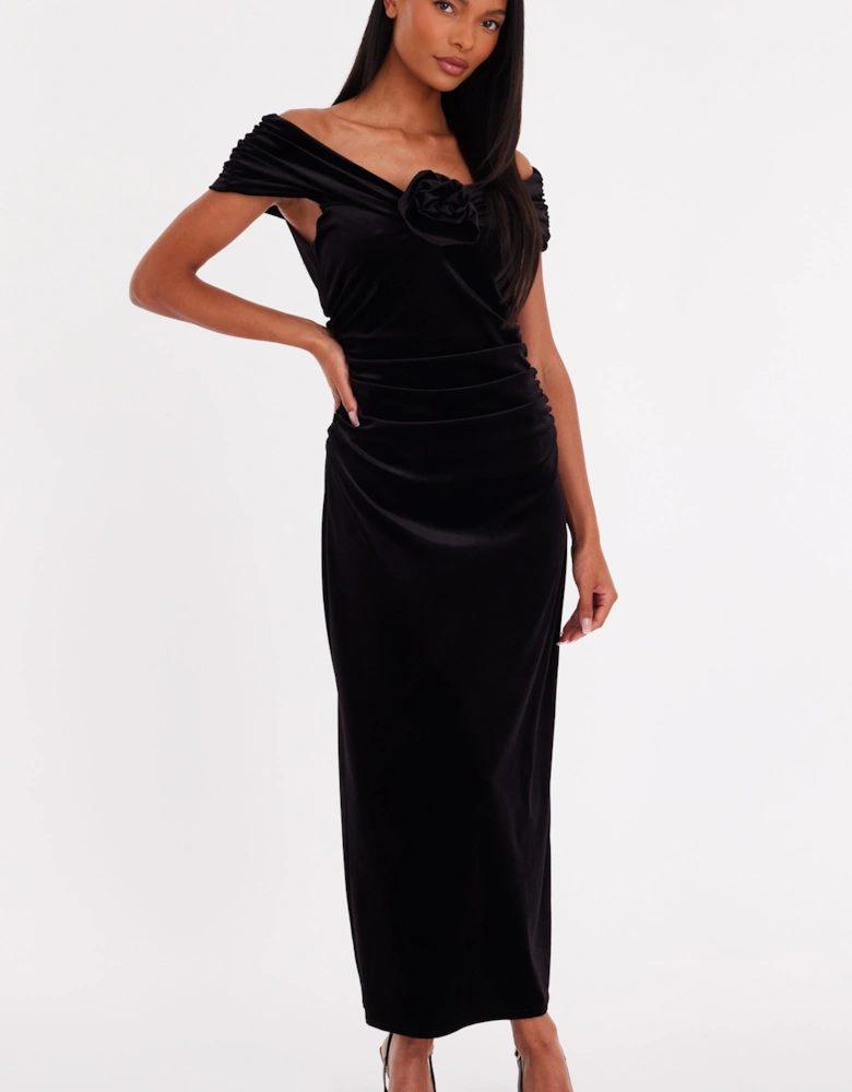 Black Velvet Corsage Midi Dress