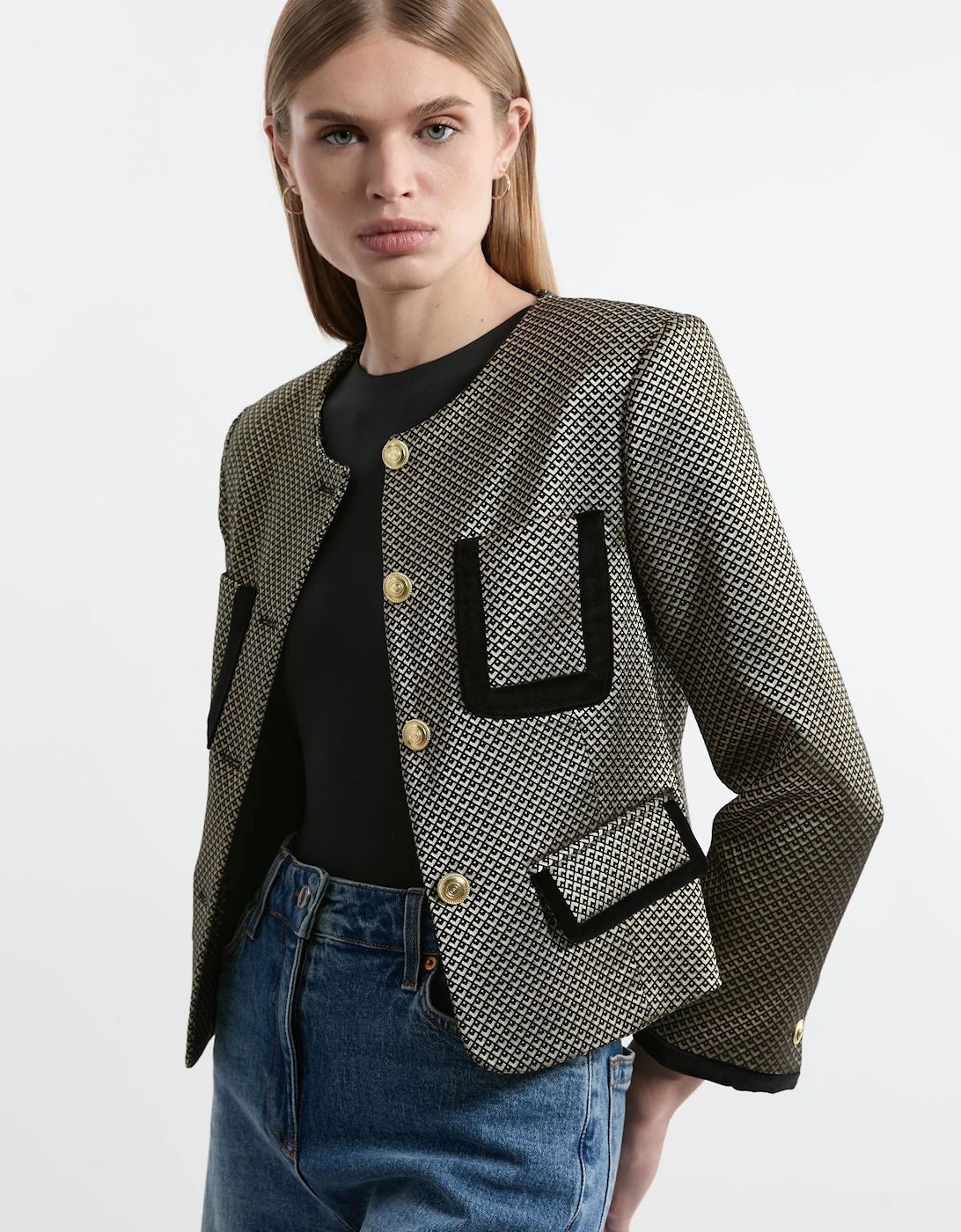 Petite Geo Jacquard Velvet Mix Tailored Jacket, 2 of 1
