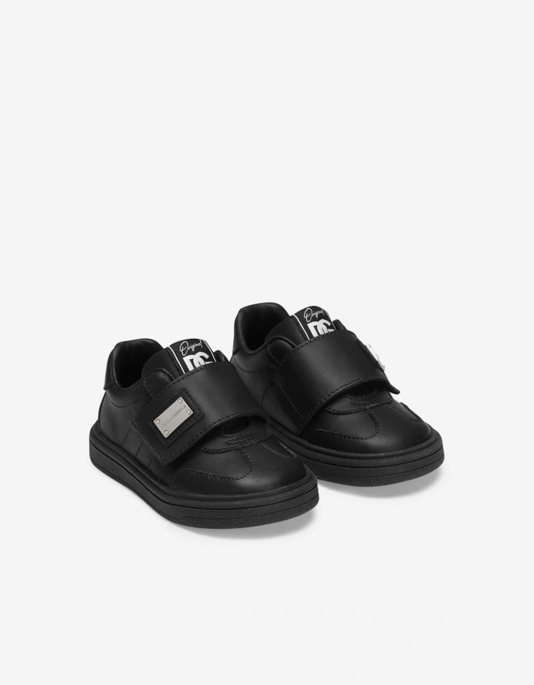 Kids Leather Velcro Strap Trainers in Black