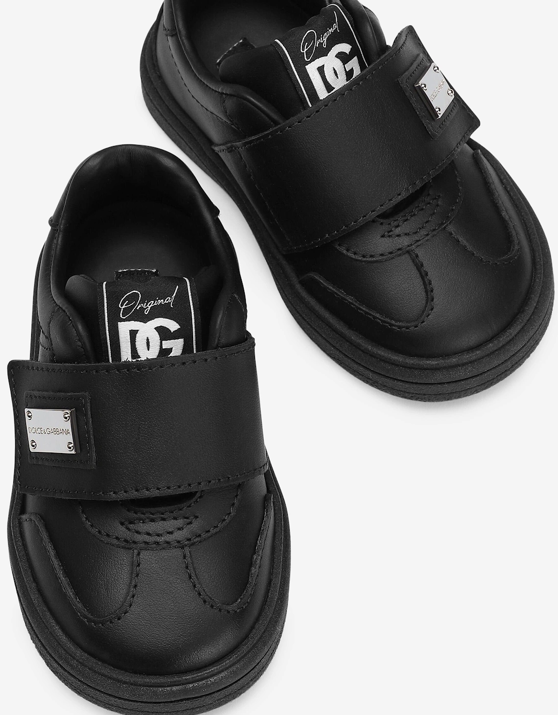Kids Leather Velcro Strap Trainers in Black