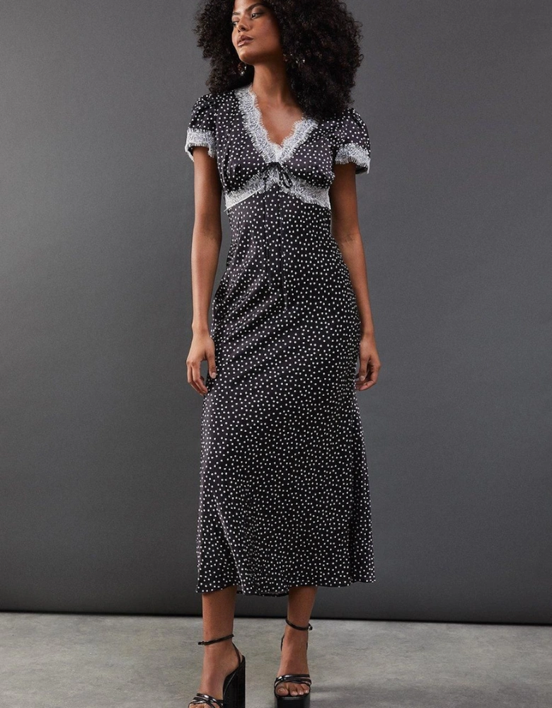 Spot Satin Lace Trim Midaxi Tea Dress
